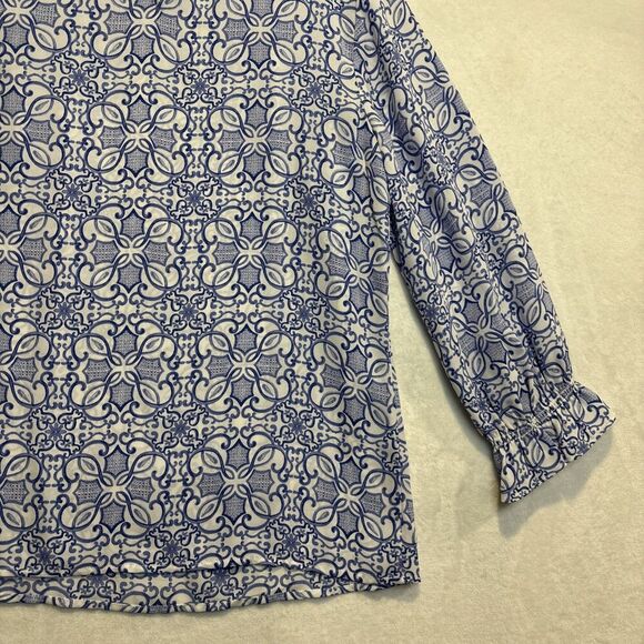 Talbots Women's Blue Geometric Print Blouse Top 3/4 Smocked Sleeve Size XS - Picture 13 of 16
